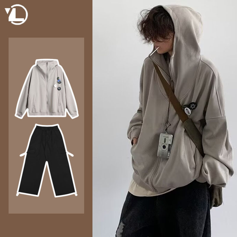 Vintage Zip Hoodie - Setelan jaket Hoodie ritsleting pria, setelan