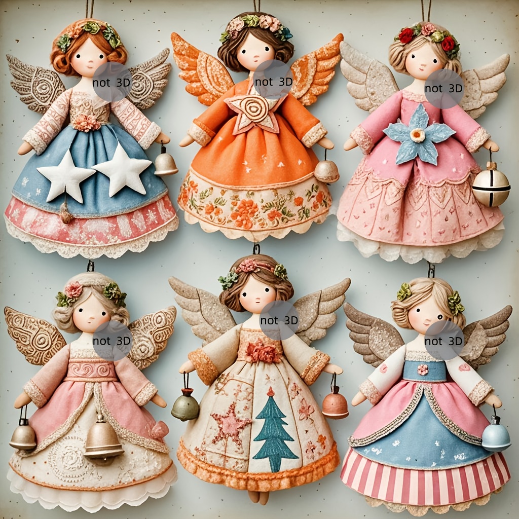 Vintage Collectible Dolls - 6/12 Buah Ornamen Malaikat Kayu Datar