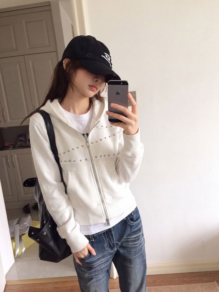 Vintage Zip Hoodie - Jaket Hoodie Wanita Y2K Berhias Rivet