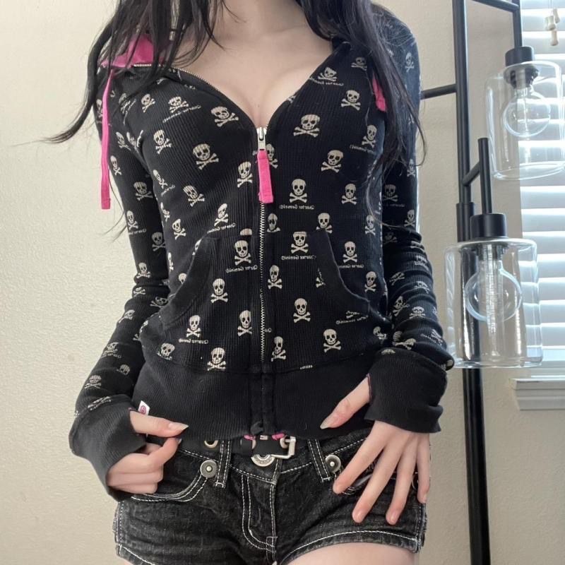 Vintage Zip Hoodie - Kardigan Gambar Kerangka Gotik Sweter Bertudung