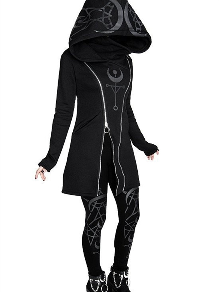 Vintage Zip Hoodie - Atasan Lengan Panjang Cetak Punk Gotik