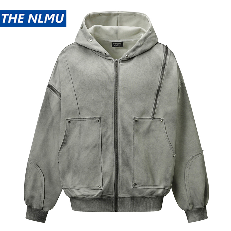 Vintage Zip Hoodie - Jaket bertudung Vintage pria 2025 Retro